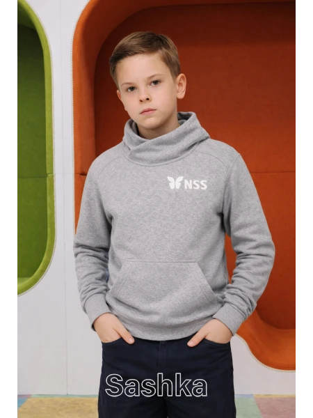 Худі УТЕПЛЕНЕ для хлопчика на флісі з коміром cіре з логотипом школи NSS, розмір 116-164